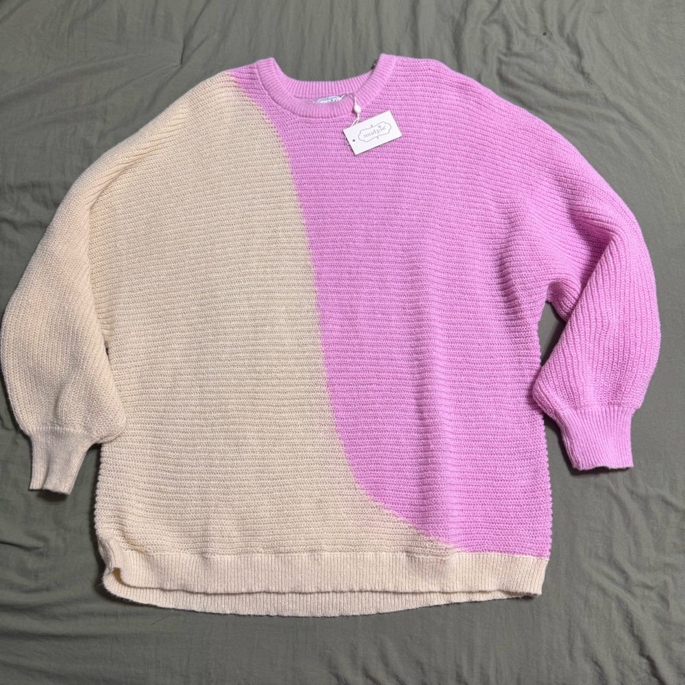 Mud Pie Maple Oversized Pink and Cream Sweater NWT Large